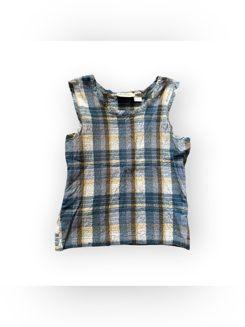 Lemongrass Sleeveless Plaid Textured Tank in Blue, White & Tan